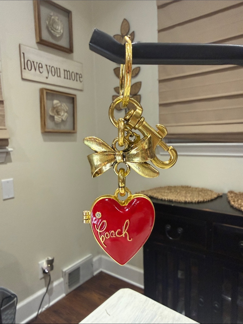 Unique Coach Red Heart Locket Keychain with Gold Bow and Hardware